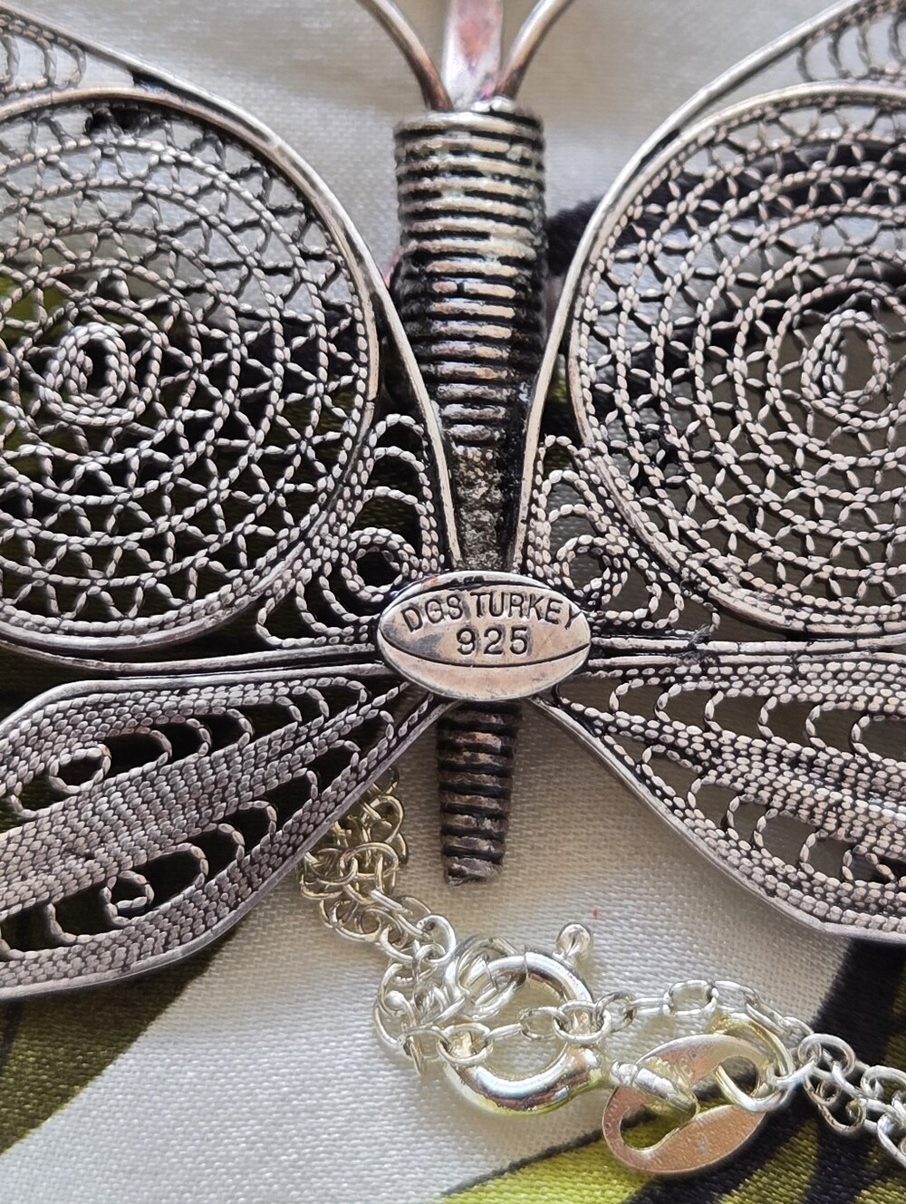 Vintage Turkish 925 S. Silver Filigree Butterfly Necklace Statement Pendant - Picture 4 of 5